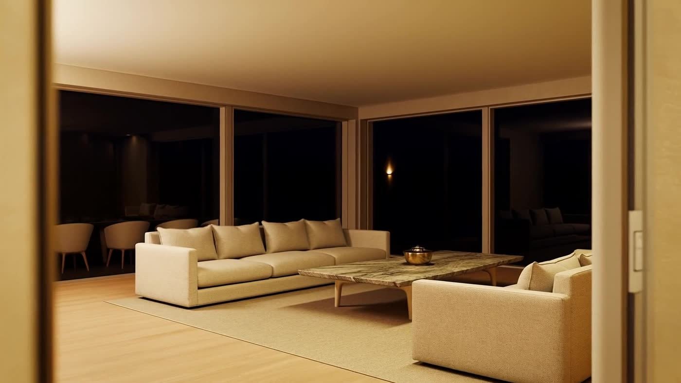 A living room at night with the Nexora panel glowing on the far wall