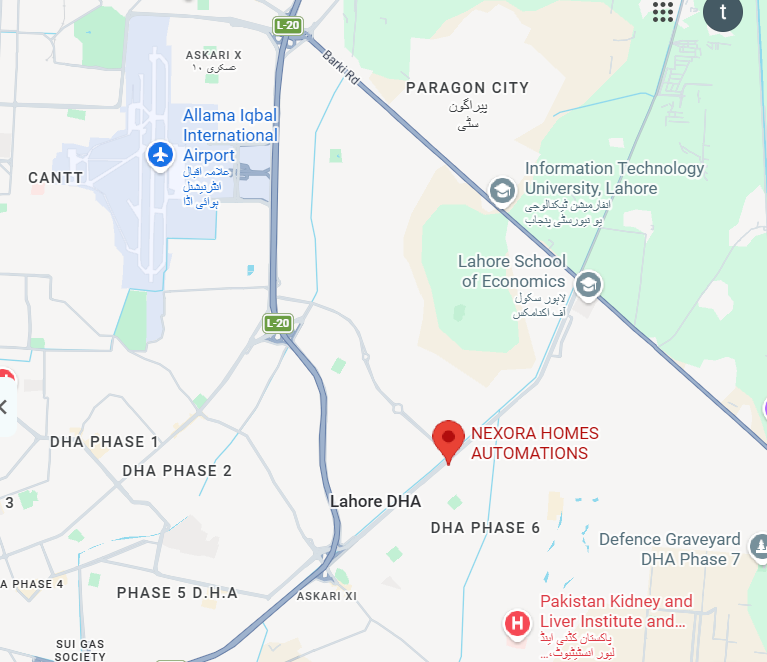 Google Maps view of Nexora Homes Automations, pinned near DHA Phase 6, with Allama Iqbal International Airport and DHA Phase 1 to 7 visible nearby