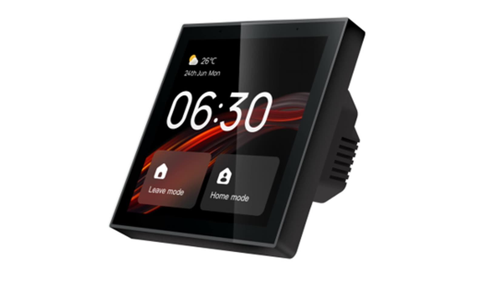 The Nexora 4 inch black glass control panel showing temperature, date and scene buttons